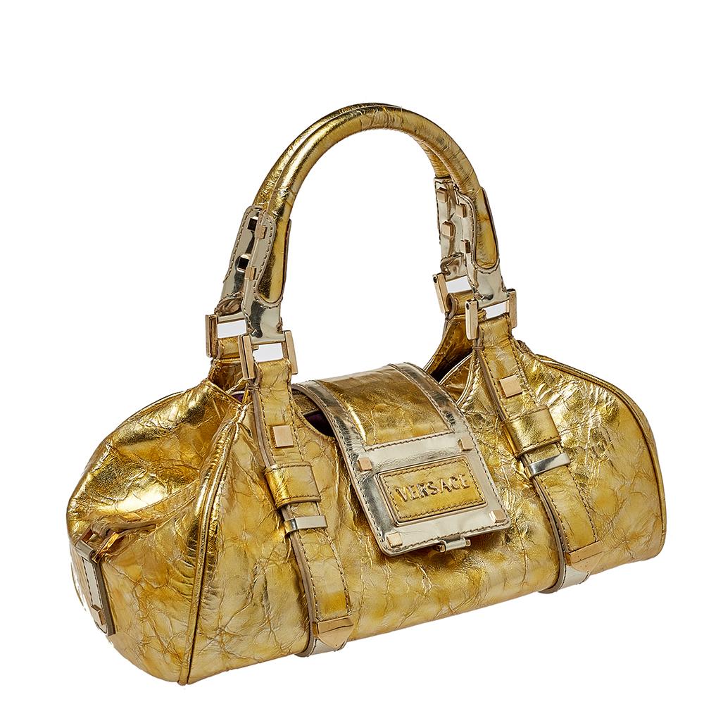 Versace Metallic Gold Crinkled Leather Satchel In Good Condition In Dubai, Al Qouz 2