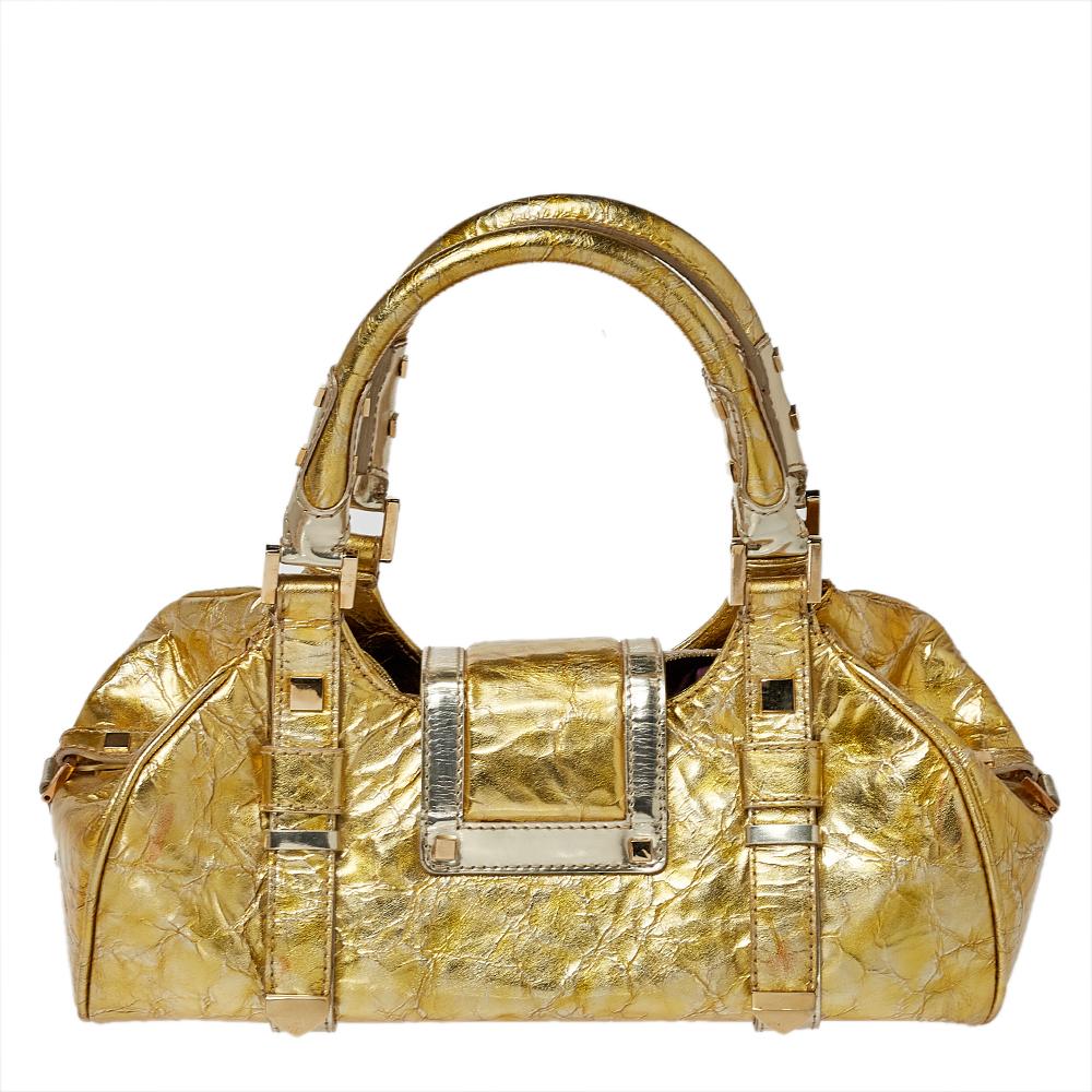 Women's Versace Metallic Gold Crinkled Leather Satchel