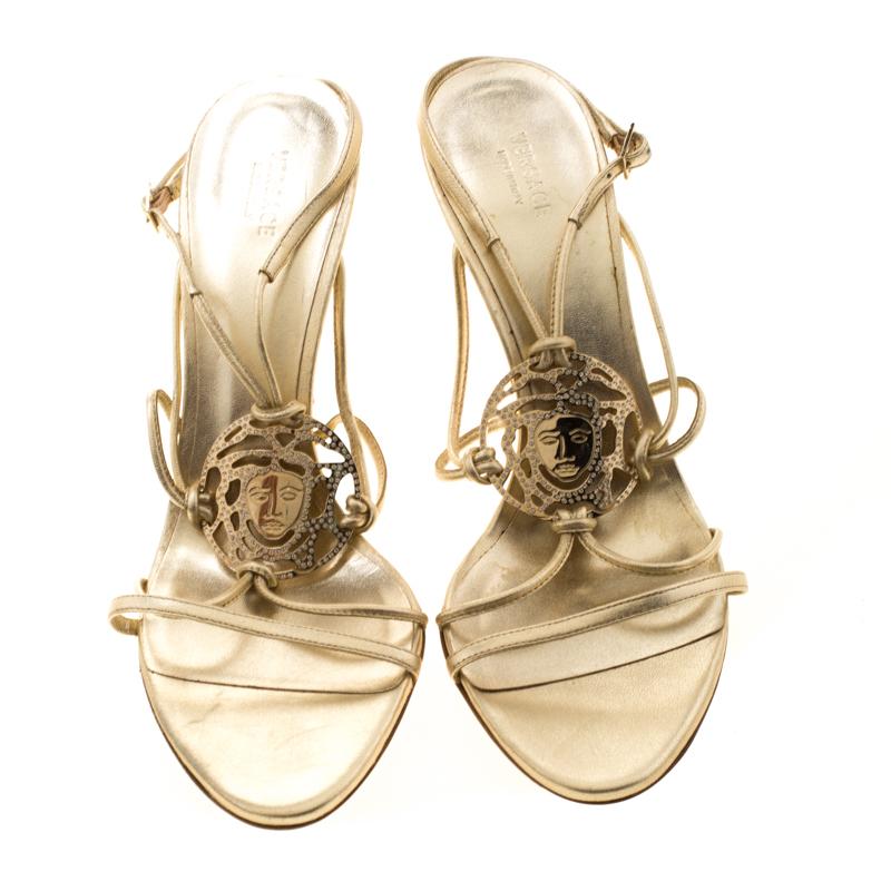 White Versace Metallic Gold Leather Crystal Studded Medusa Strappy Sandals Size 41