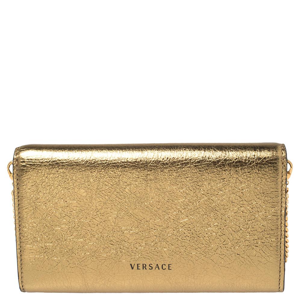 Marrone Portafoglio Medusa in pelle oro metallizzato Versace con catena