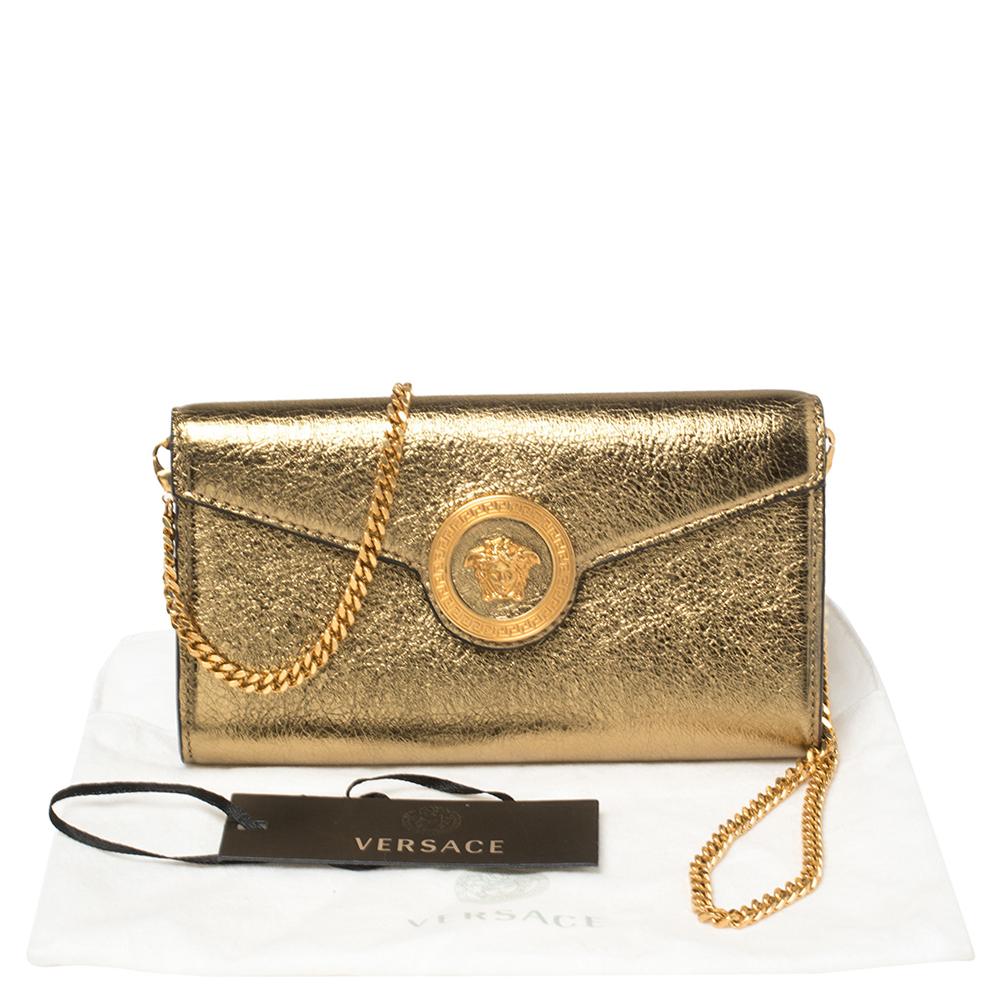 Women's Versace Metallic Gold Leather Medusa Wallet on Chain