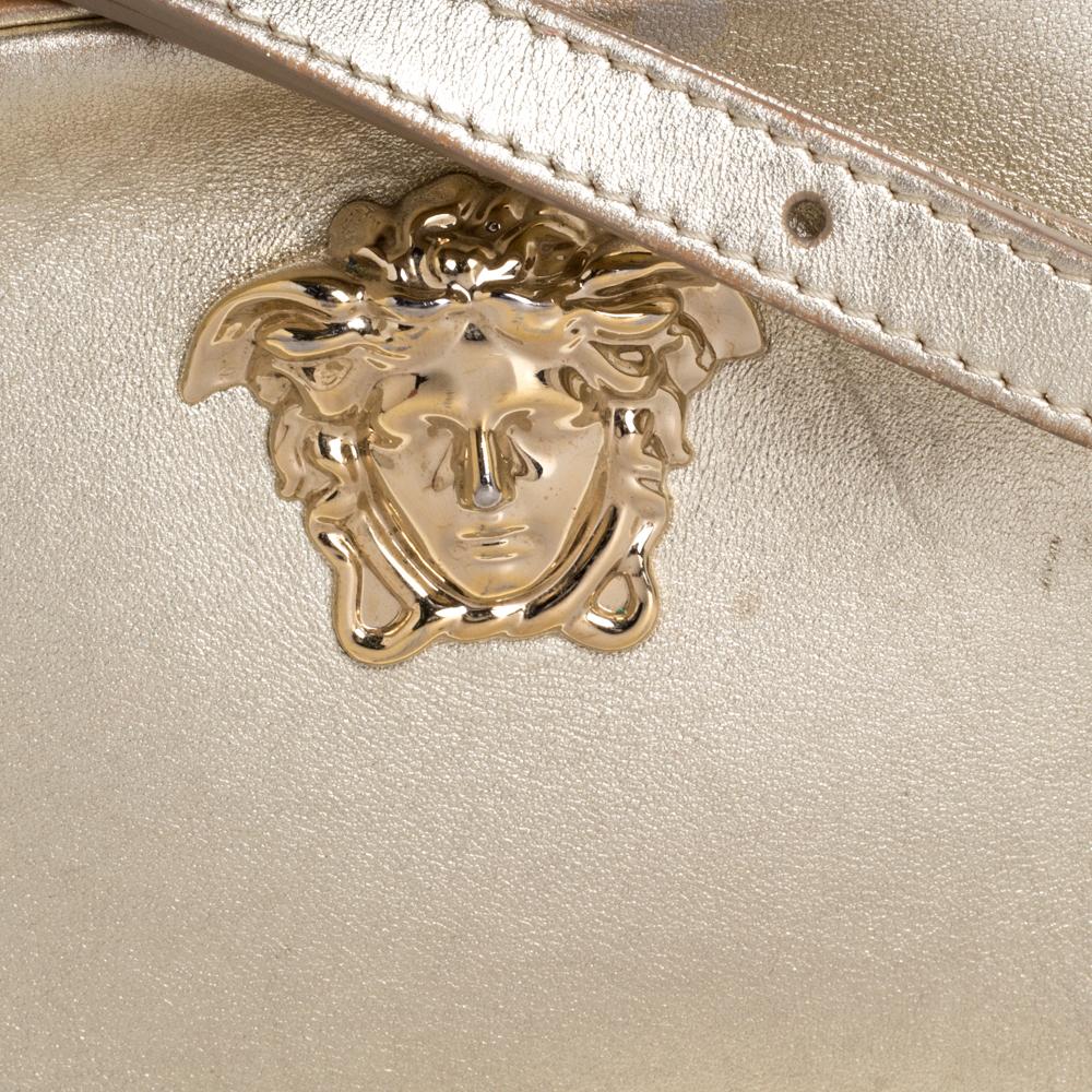Brown Versace Metallic Gold Leather Palazzo Medusa Camera Crossbody Bag