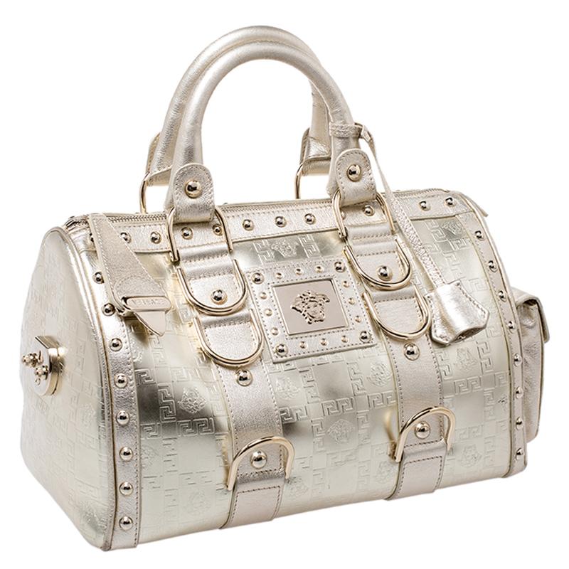 Gray Versace Metallic Gold Leather Snap Out Of It Satchel
