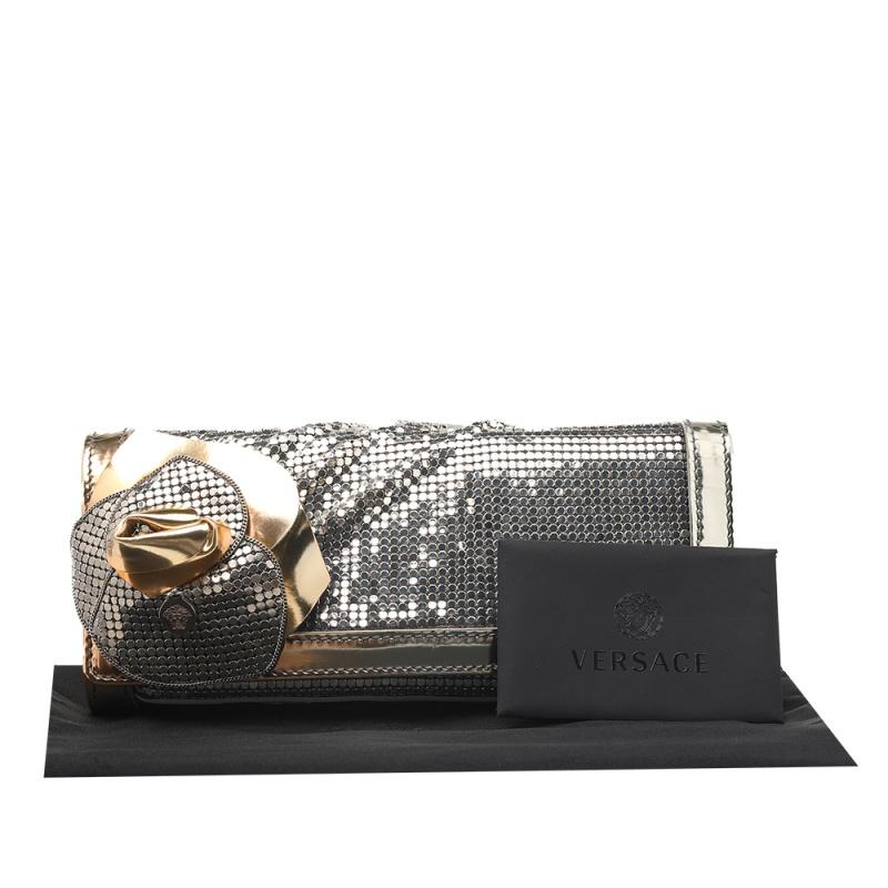 Versace Metallic Gold/Silver Leather Flower Embellished Clutch 4