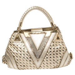 Versace Metallic Gold Woven Leather Crystal Embellished V Satchel