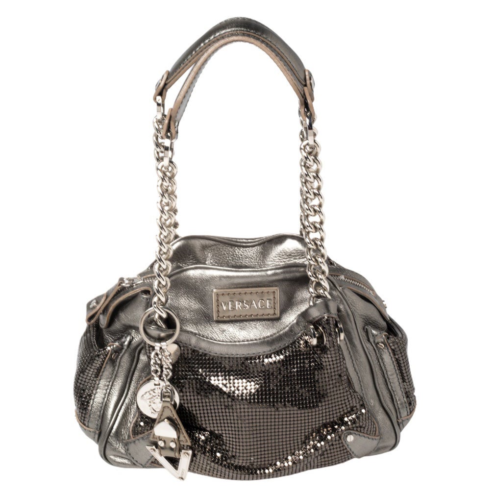 Versace Metallic Grey Leather Chain Link Satchel