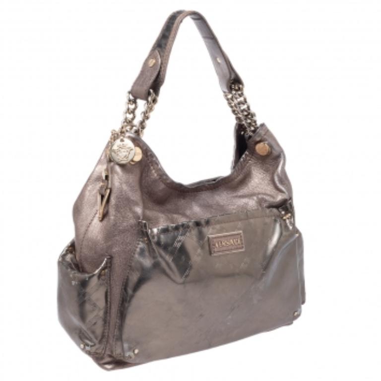 Gray Versace Metallic Leather Pocket Shoulder Bag For Sale