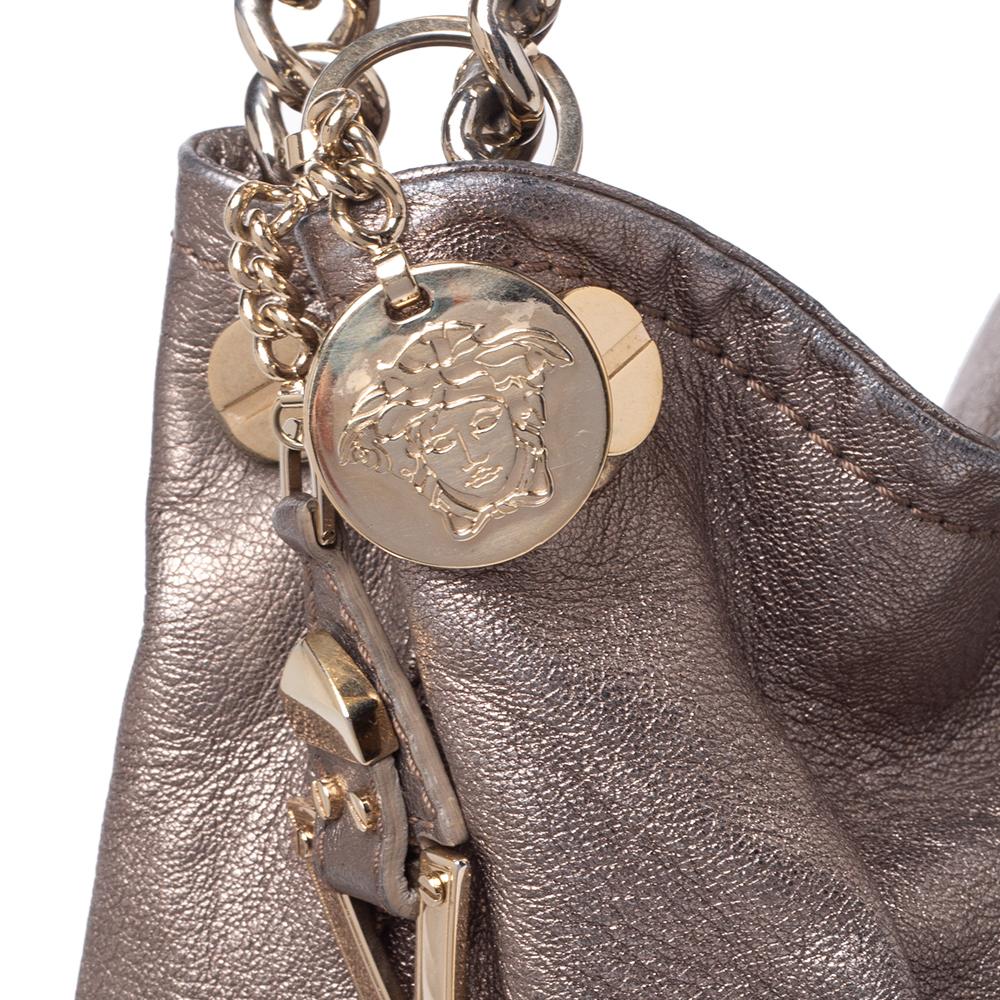 Gray Versace Metallic Leather Pocket Shoulder Bag For Sale