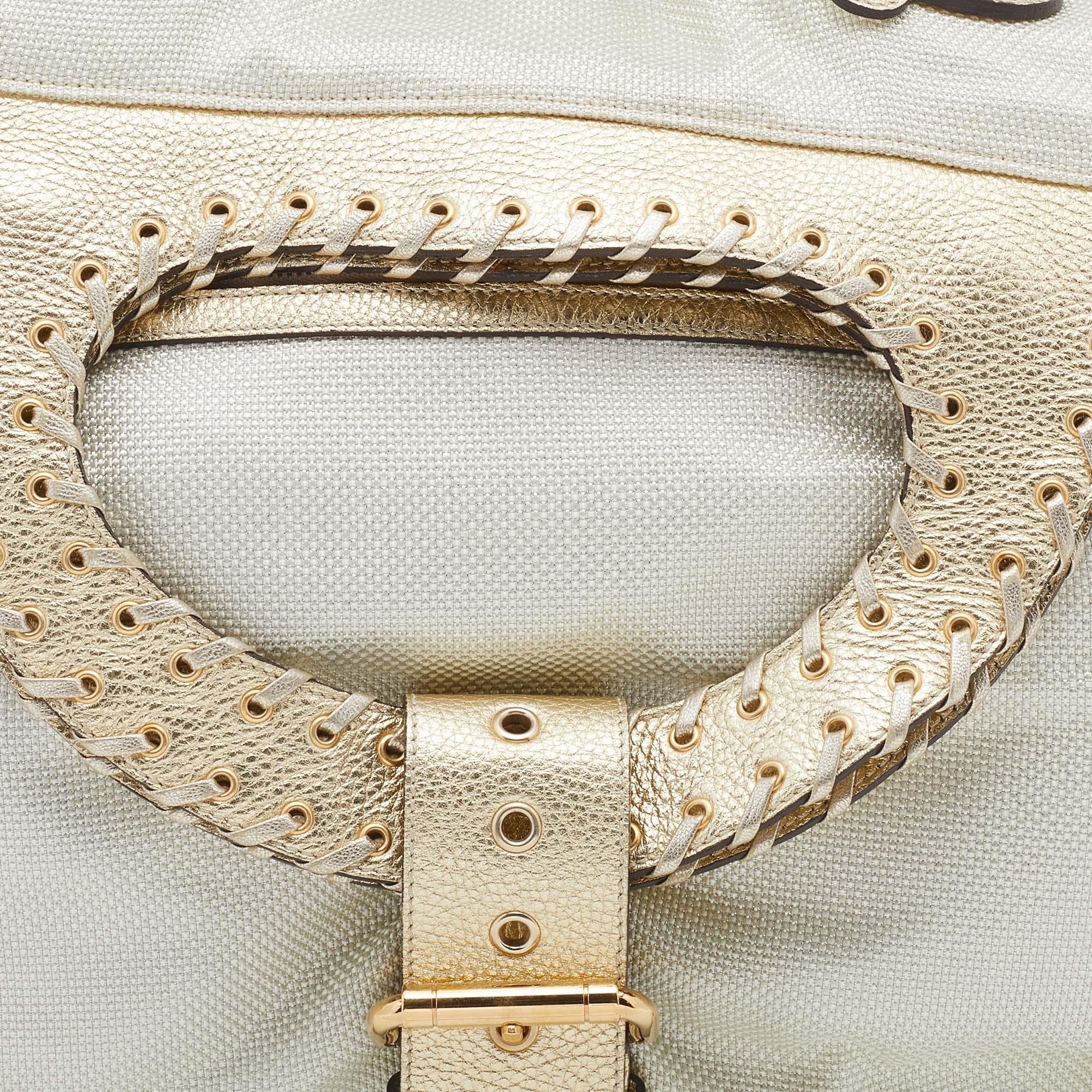 Versace Metallic Light Beige/Gold Technical Fabric and Leather Satchel In Good Condition In Dubai, Al Qouz 2