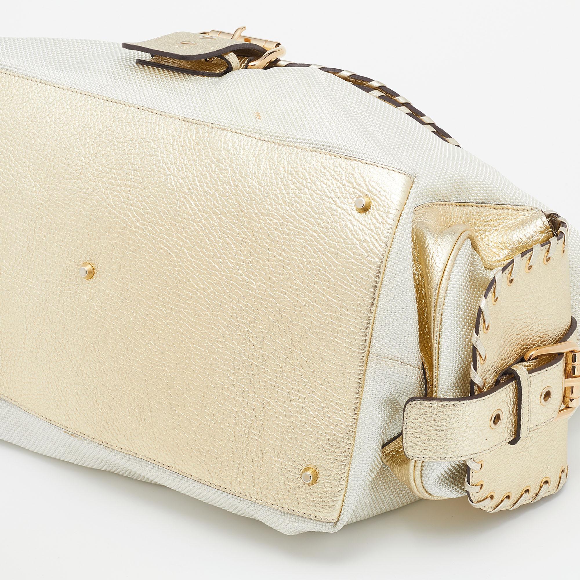 Versace Metallic Light Beige/Gold Technical Fabric and Leather Satchel 1