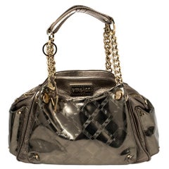 Versace Metallic Olive Green Signature Patent and Leather Chain Detail Satchel