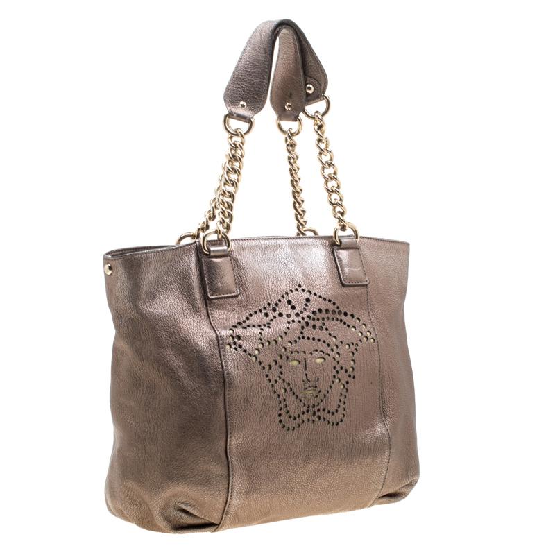 Versace Metallic Perforated Logo Leather Chain Hobo In Good Condition In Dubai, Al Qouz 2