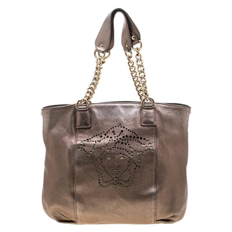 Versace Metallic Perforated Logo Leather Chain Hobo