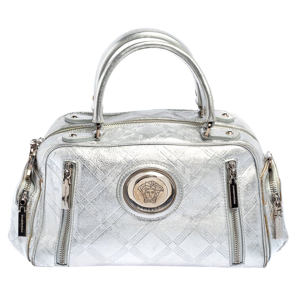 Versace Metallic Silver Embossed Leather Medusa Multiple Pocket Satchel