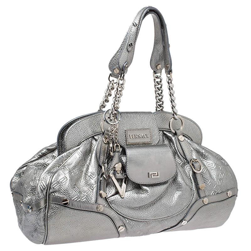Versace Metallic Silver Leather Chain Link Satchel For Sale 7