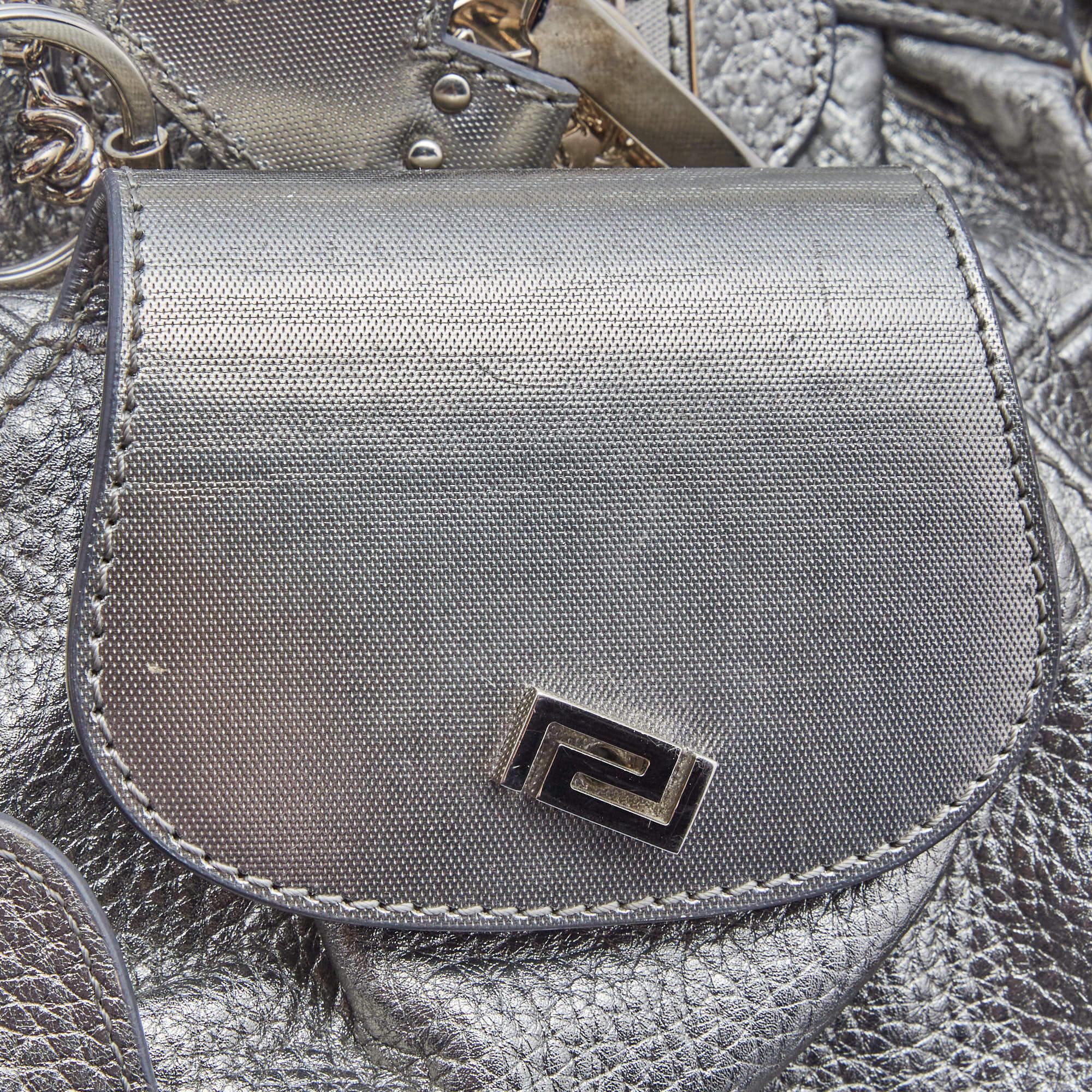 Versace Metallic Silver Leather Chain Link Satchel For Sale 5