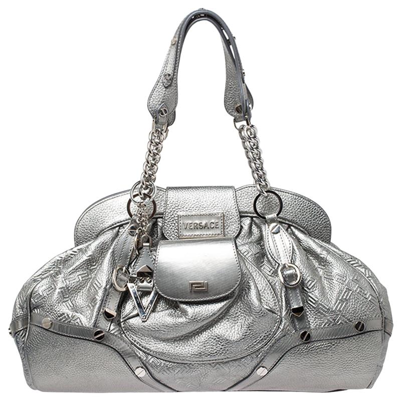 Versace Metallic Silver Leather Chain Link Satchel