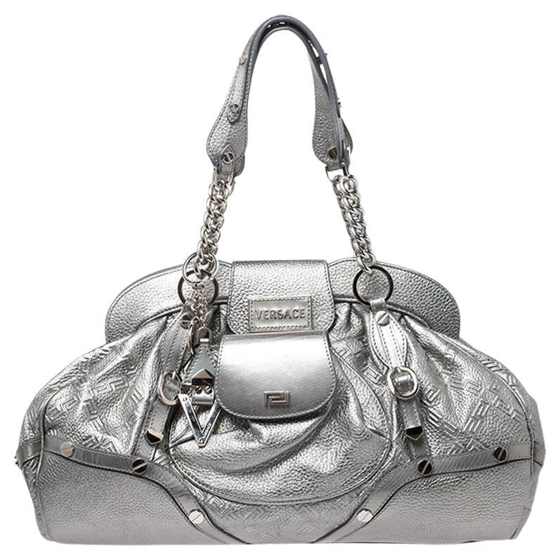 Versace Metallic Silver Leather Chain Link Satchel For Sale