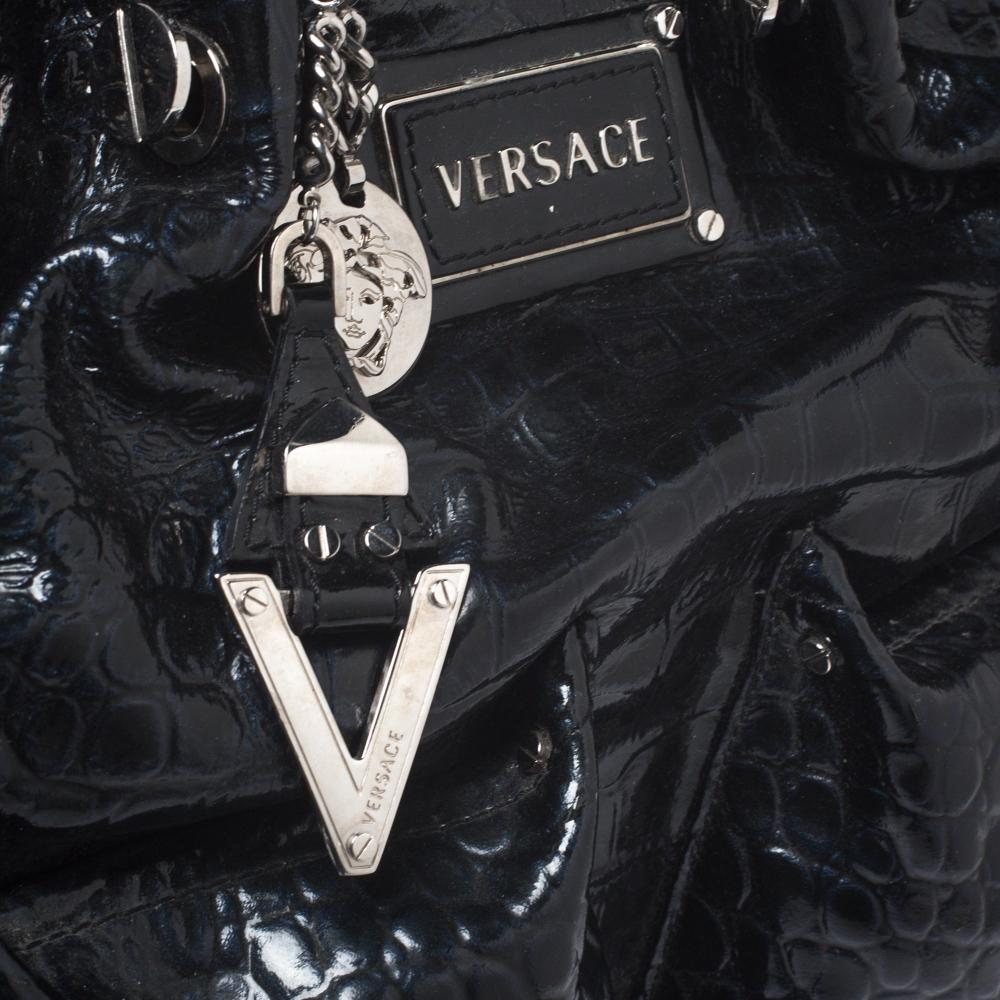 Versace Midnight Blue Croc Patent Leather Chain Tote 5