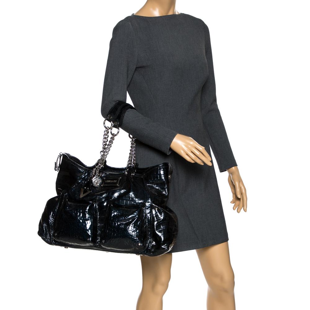 Black Versace Midnight Blue Croc Patent Leather Chain Tote