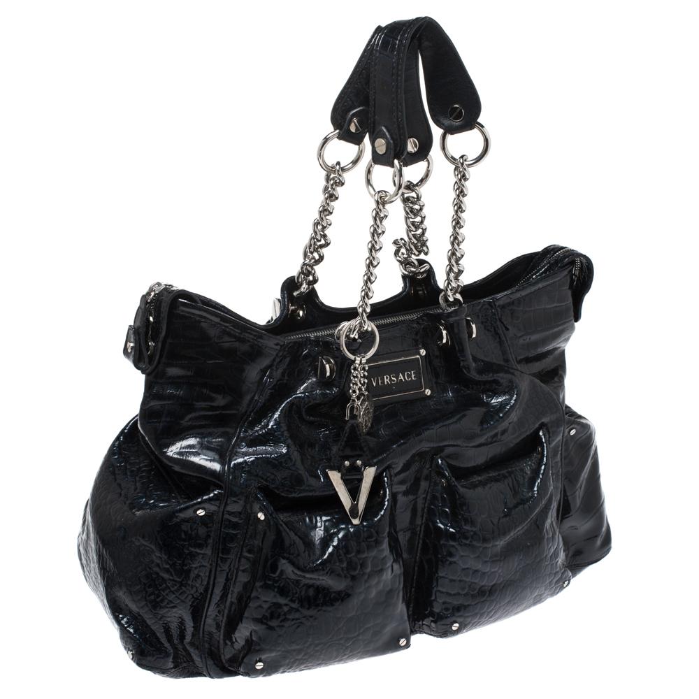 Versace Midnight Blue Croc Patent Leather Chain Tote In Good Condition In Dubai, Al Qouz 2