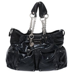 Versace Midnight Blue Croc Patent Leather Chain Tote