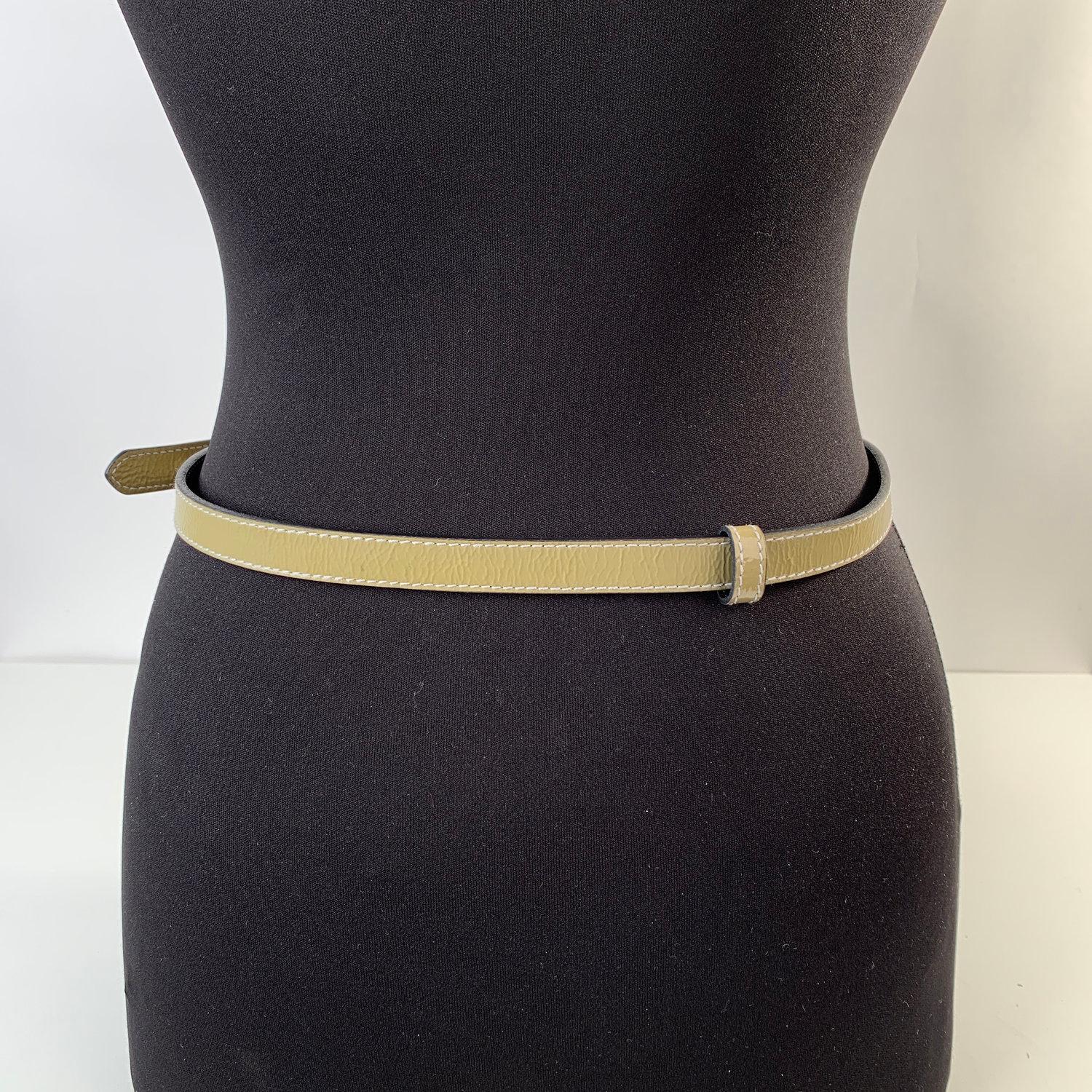 Beige Versace Military Green Patent Leather Skinny Belt Size 40