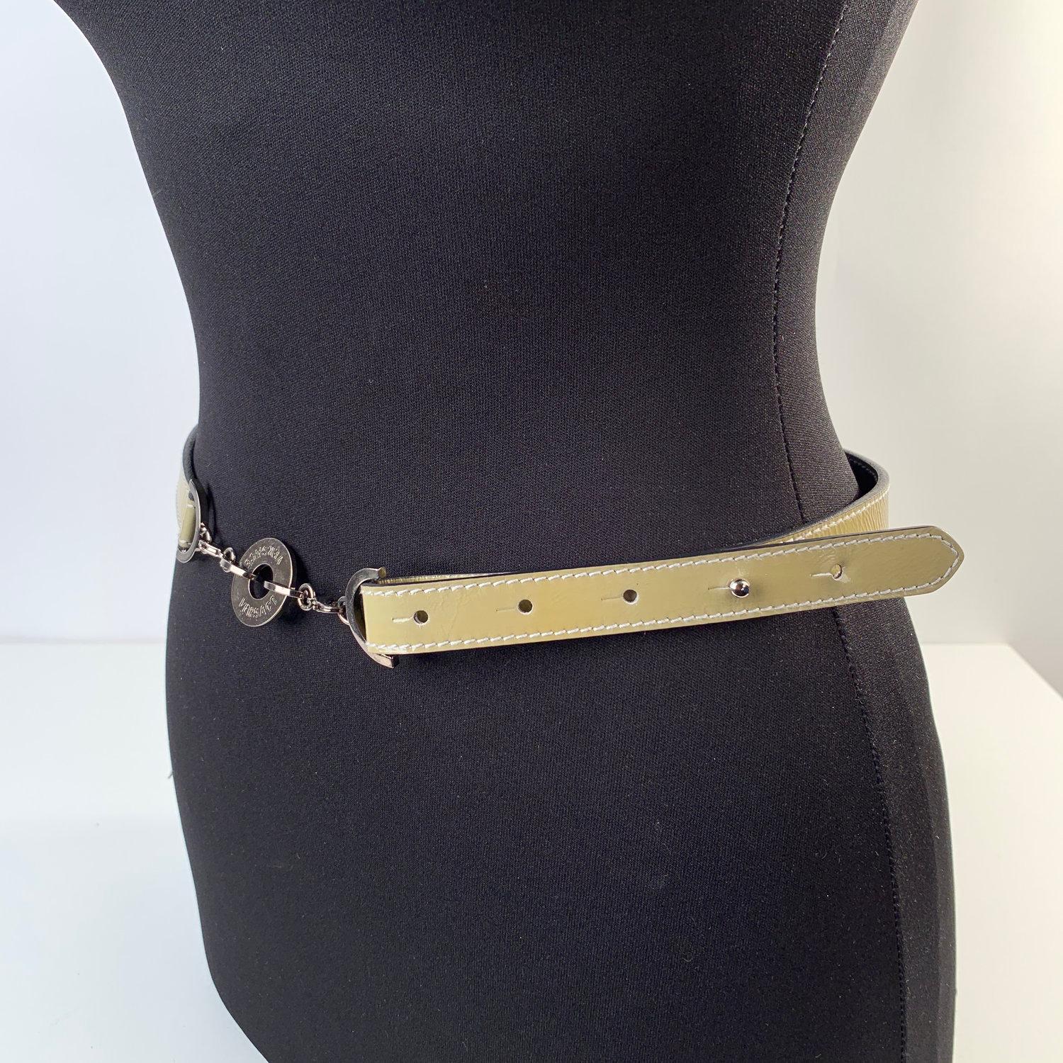 Versace Military Green Patent Leather Skinny Belt Size 40 In Excellent Condition In Rome, Rome