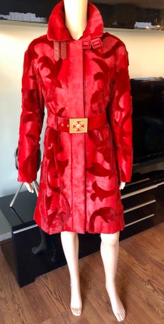 Versace F/W 2011 Runway Mink Fur and Leather Belted Knee-Length Red Jacket Coat