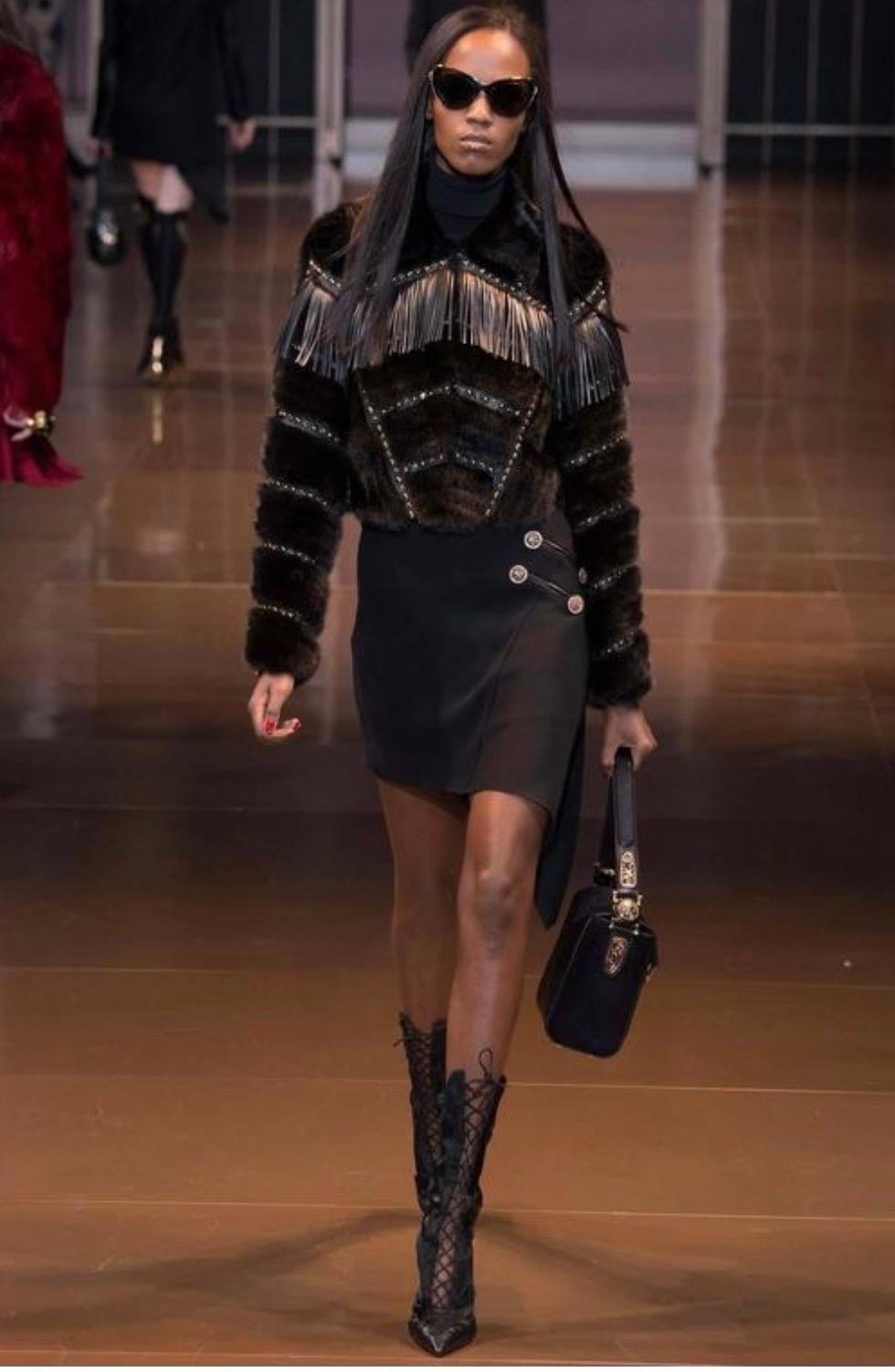 Black Versace mink fur cropped jacket with studs, crystals and leather fringe NWT For Sale