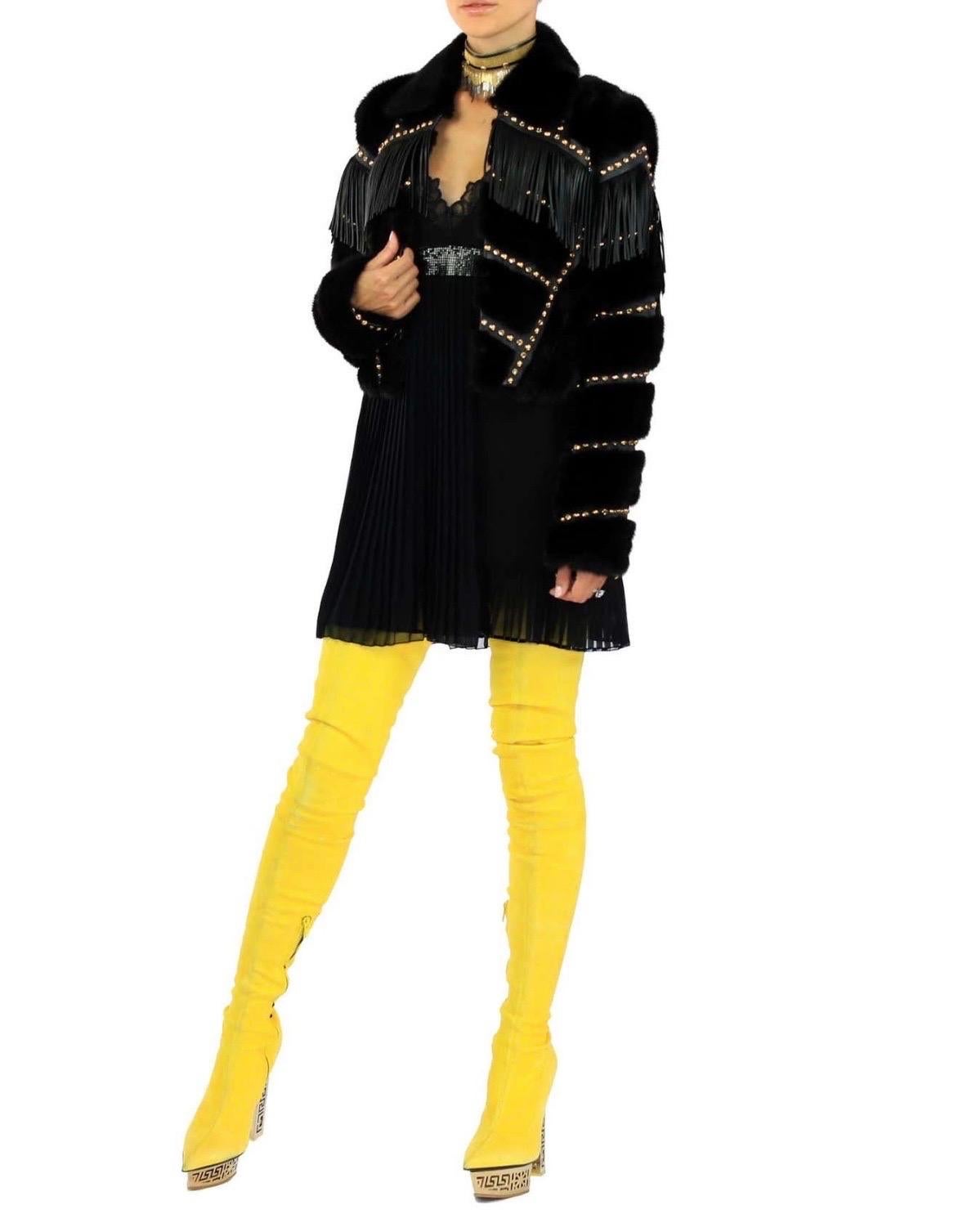 Versace mink fur cropped jacket with studs, crystals and leather fringe NWT In New Condition For Sale In Montgomery, TX