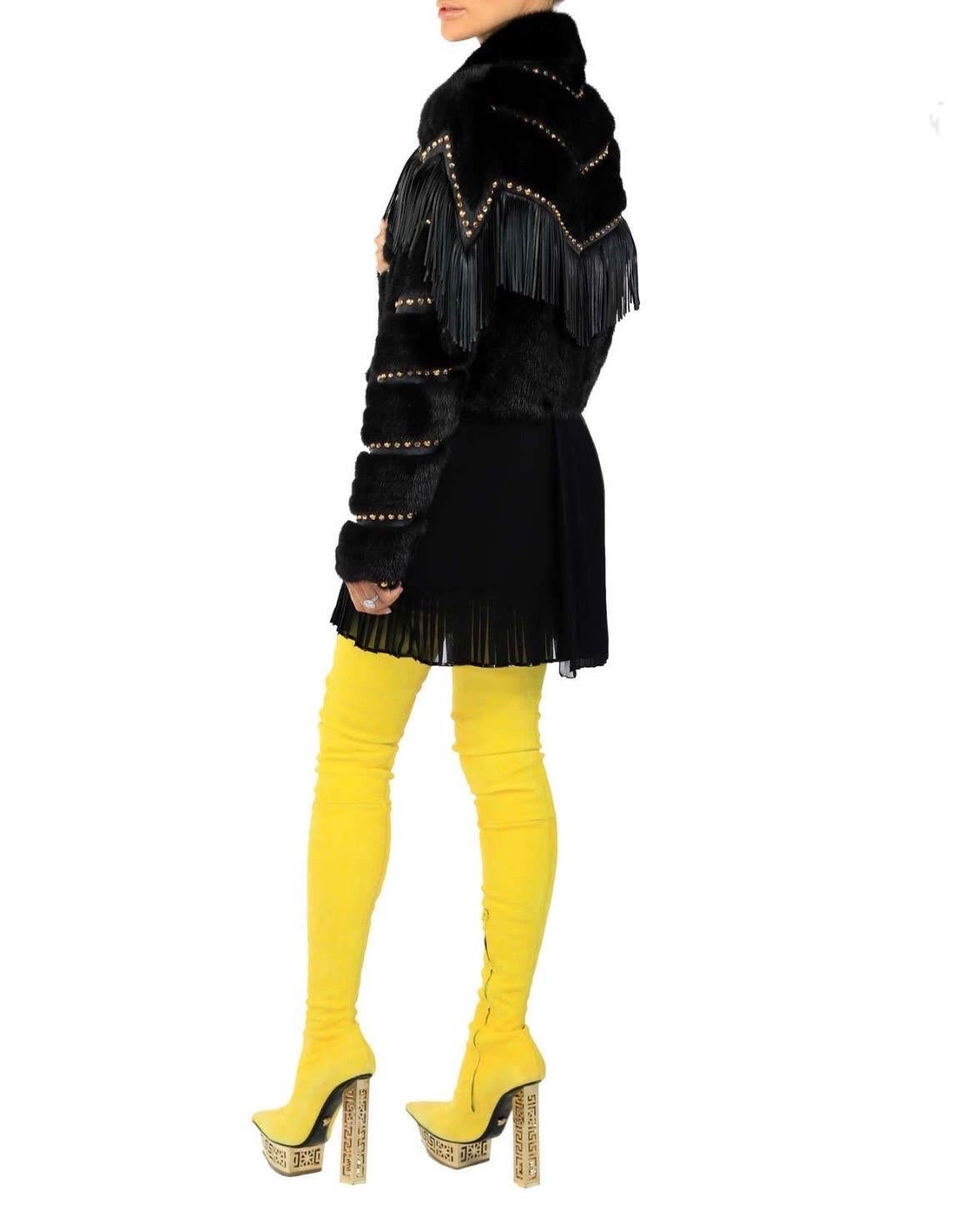 Women's Versace mink fur cropped jacket with studs, crystals and leather fringe NWT For Sale