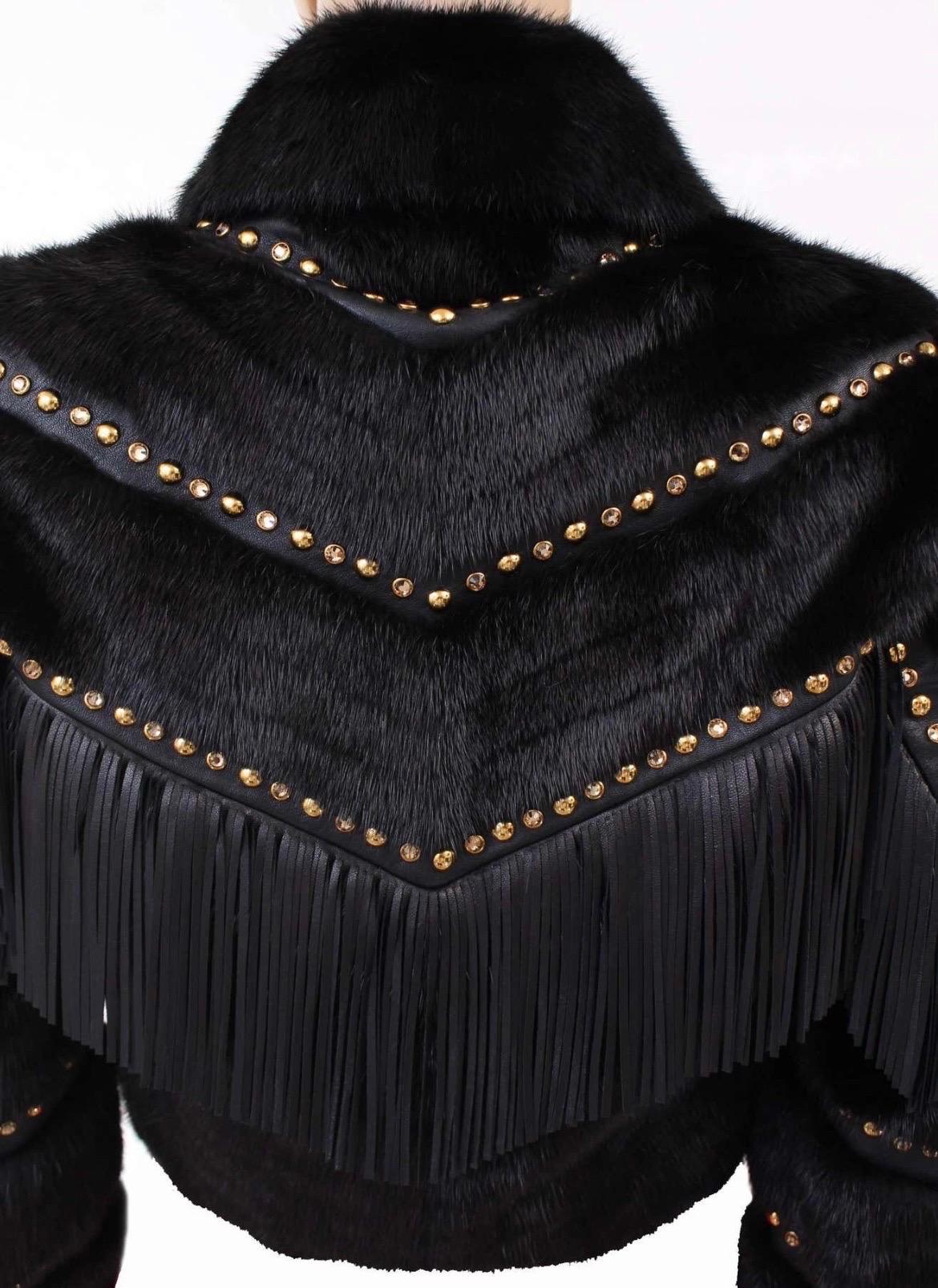Versace mink fur cropped jacket with studs, crystals and leather fringe NWT For Sale 1