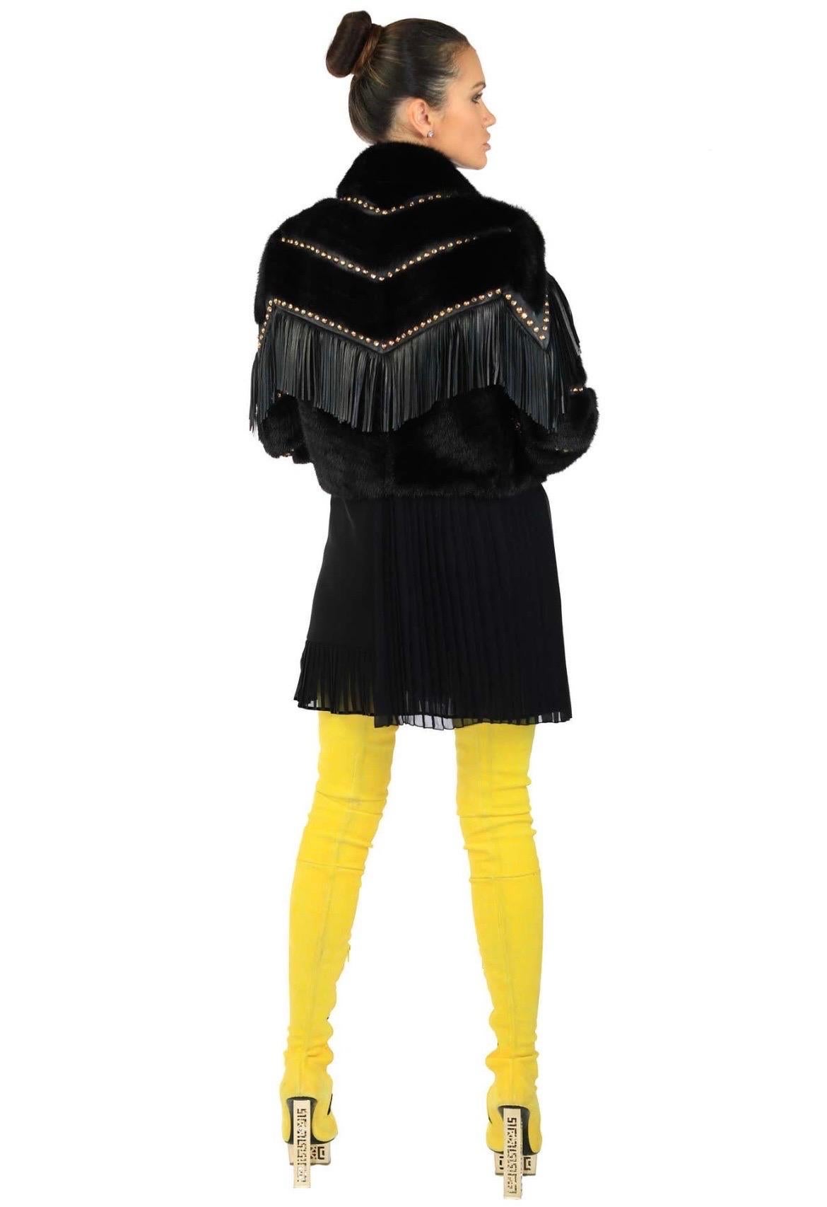 Versace mink fur cropped jacket with studs, crystals and leather fringe NWT For Sale 2