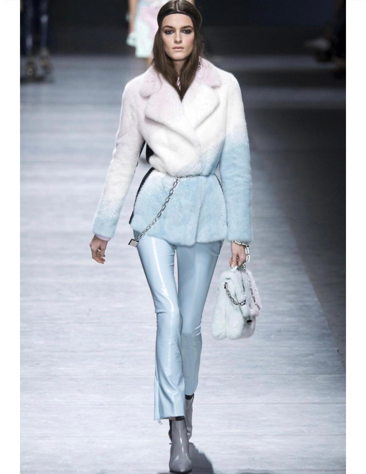 VERSACE
F/W 2016 look # 45
Mink Fur jacket in pastel hues.
Weasel inserts.
Hidden closure.
Long sleeve.
Black sheared mink panels.
Hip-length.
Lining: silk and leather.
IT Size 38 2/4
shoulder to shoulder 17