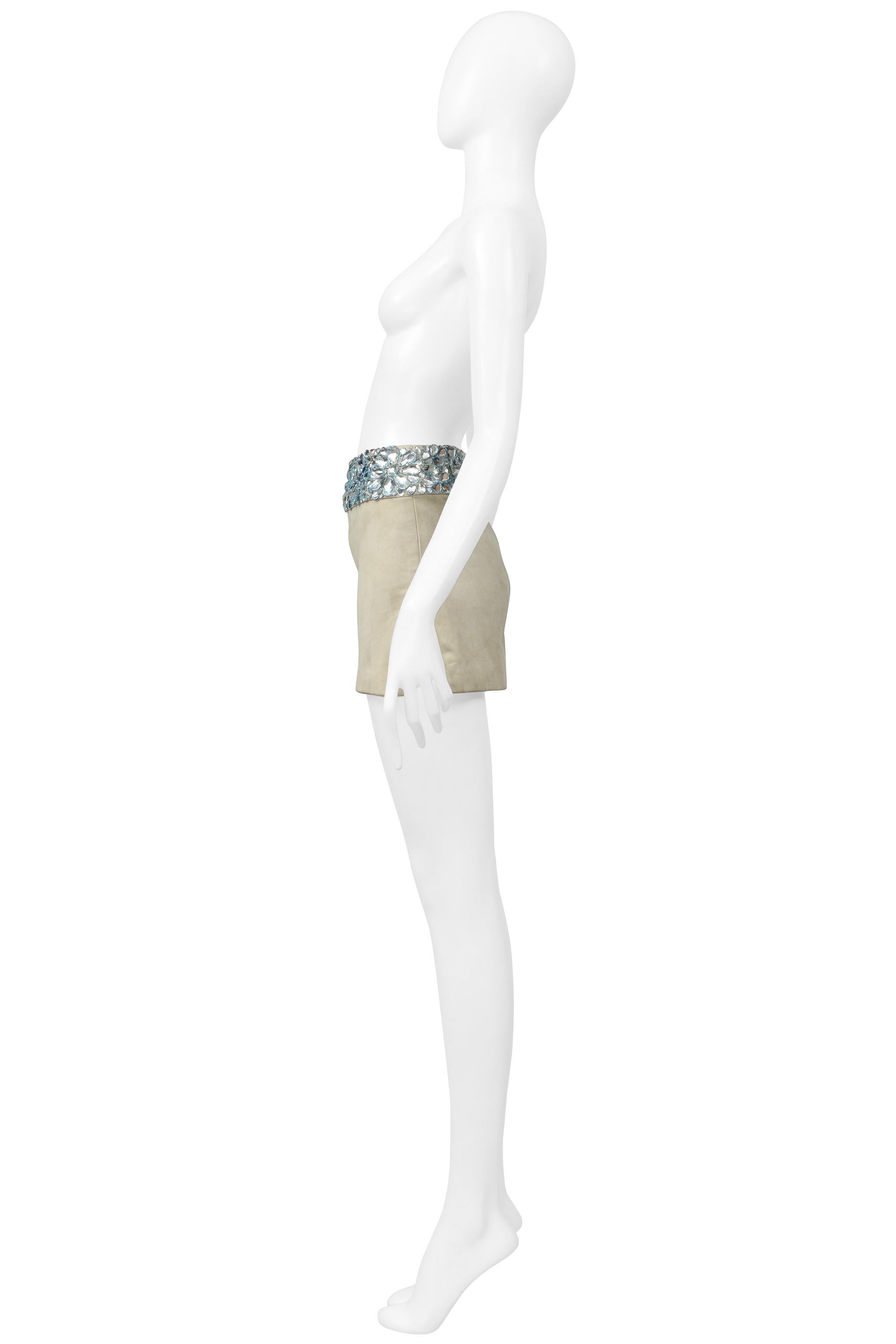 Beige Versace Mint Green Suede Mini Skirt With Giant Gems and Slit For Sale