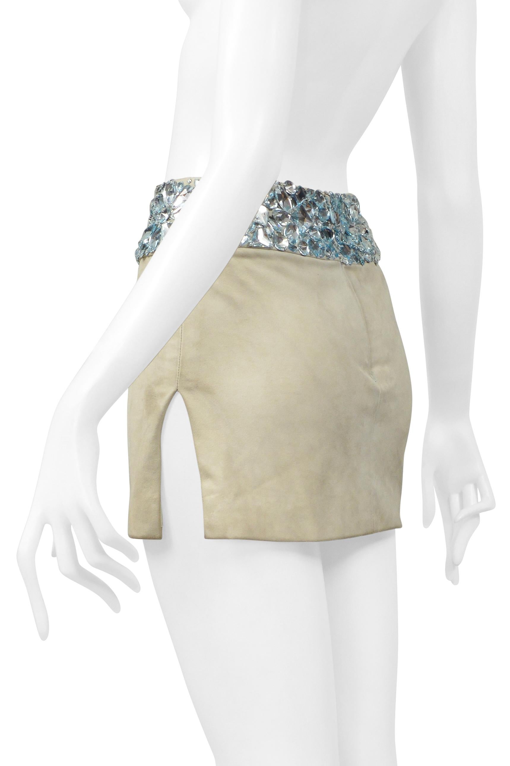 Versace Mint Green Suede Mini Skirt With Giant Gems and Slit In Fair Condition For Sale In Los Angeles, CA