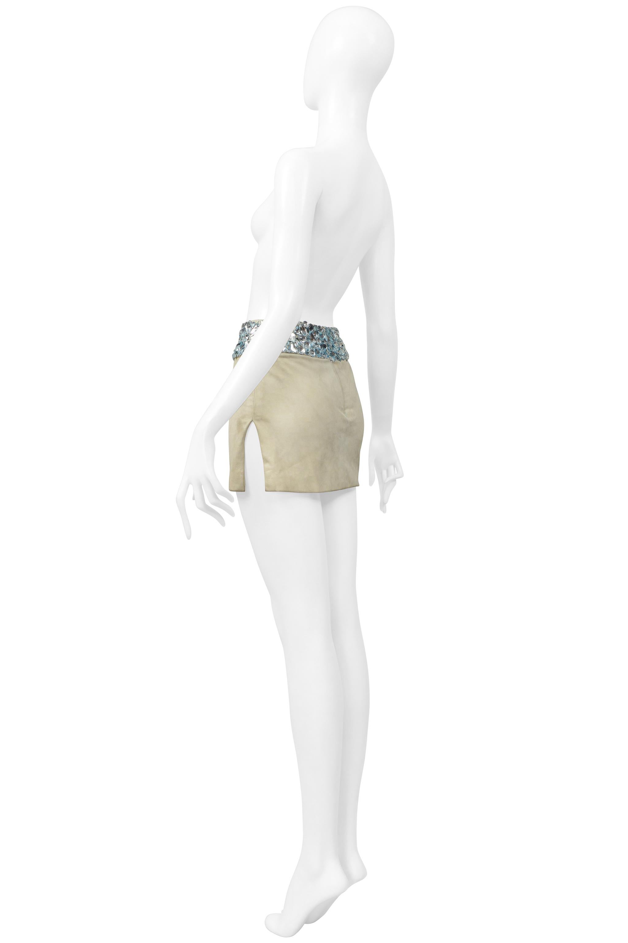 Women's Versace Mint Green Suede Mini Skirt With Giant Gems and Slit For Sale
