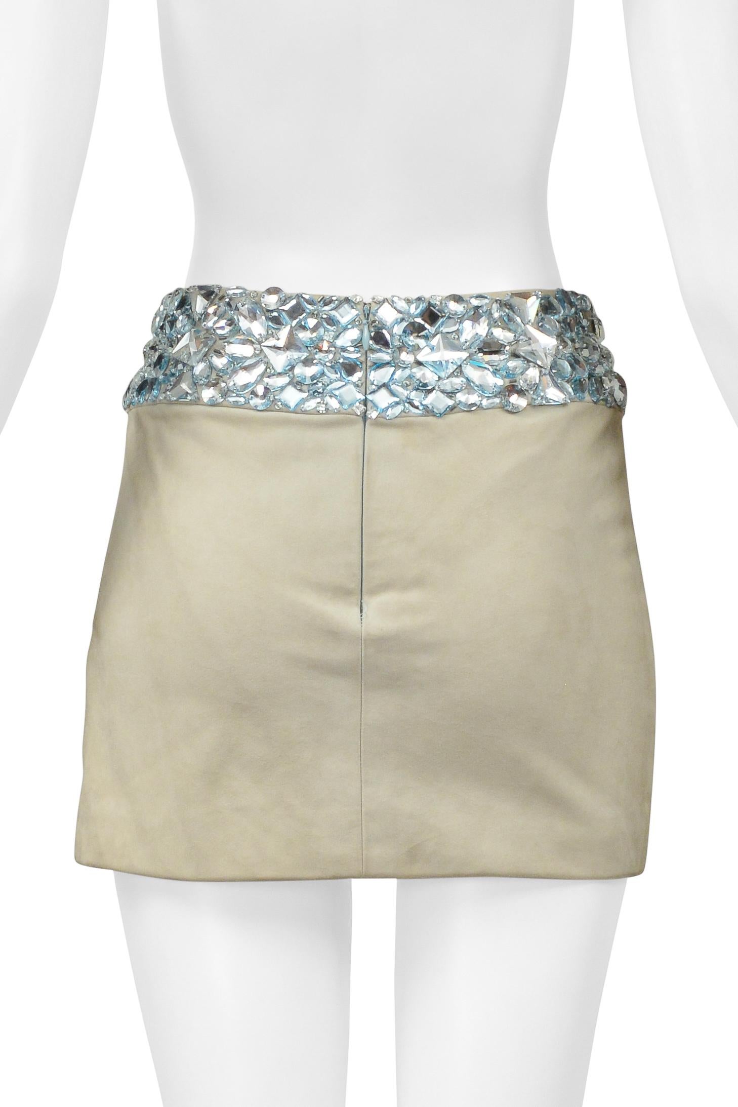 Versace Mint Green Suede Mini Skirt With Giant Gems and Slit For Sale 2