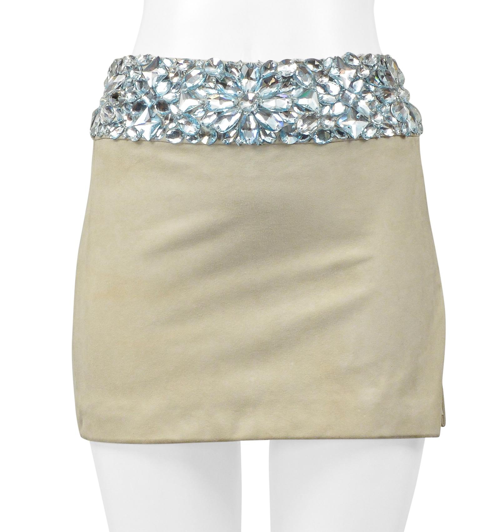Versace Mint Green Suede Mini Skirt With Giant Gems and Slit For Sale 3