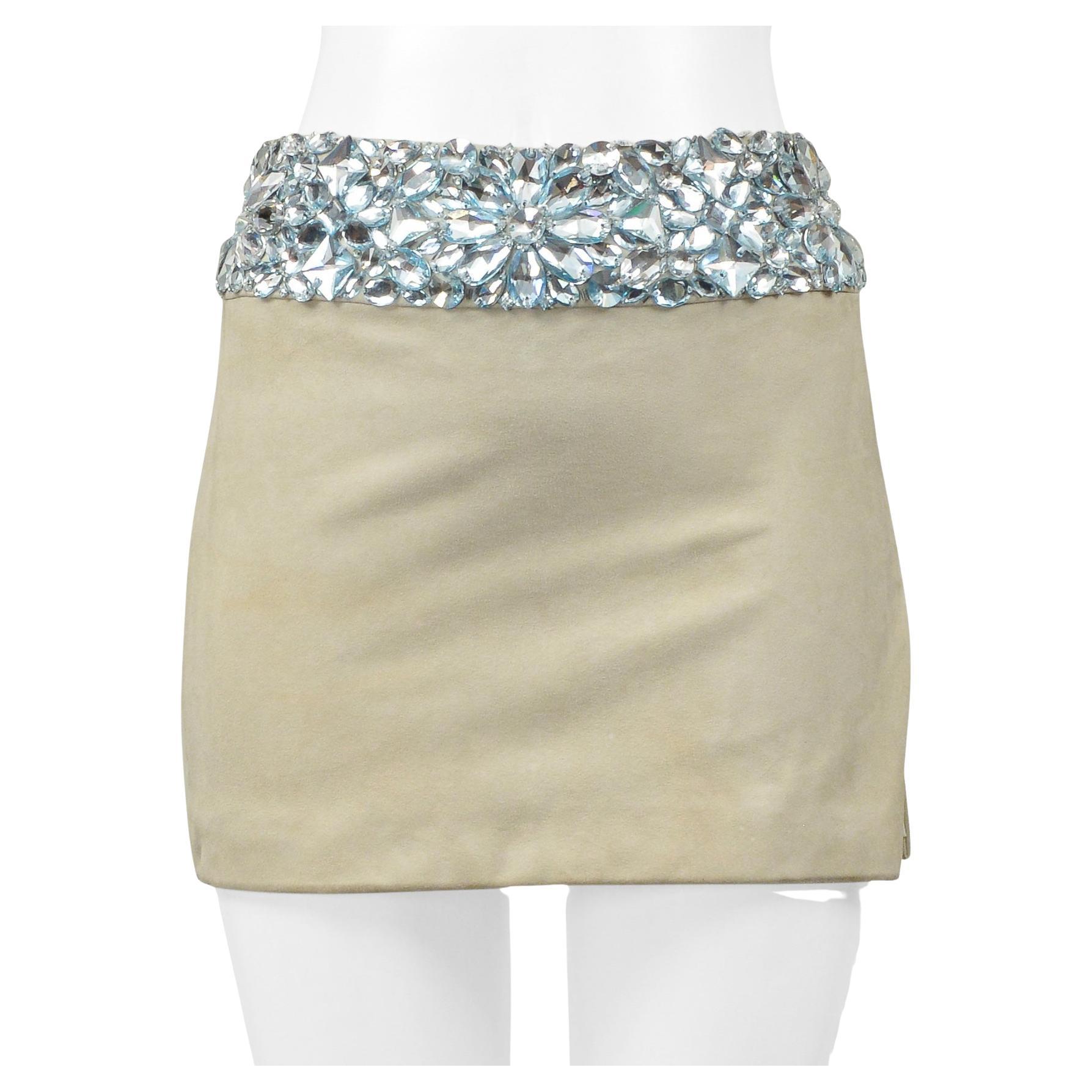 Versace Mint Green Suede Mini Skirt With Giant Gems and Slit For Sale
