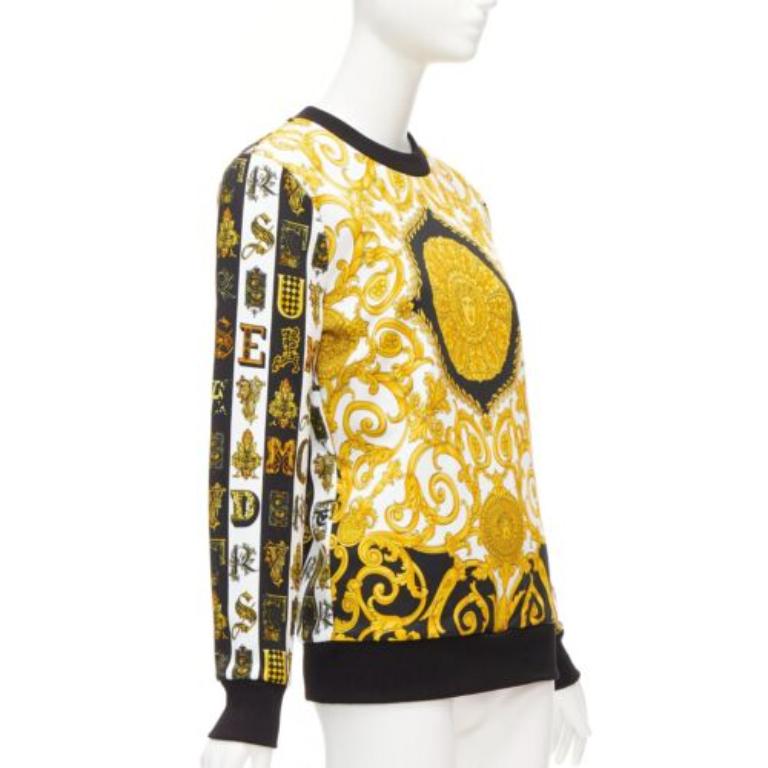 Brown VERSACE mixed archive Barocco print cotton crew neck sweater IT36 XXS For Sale