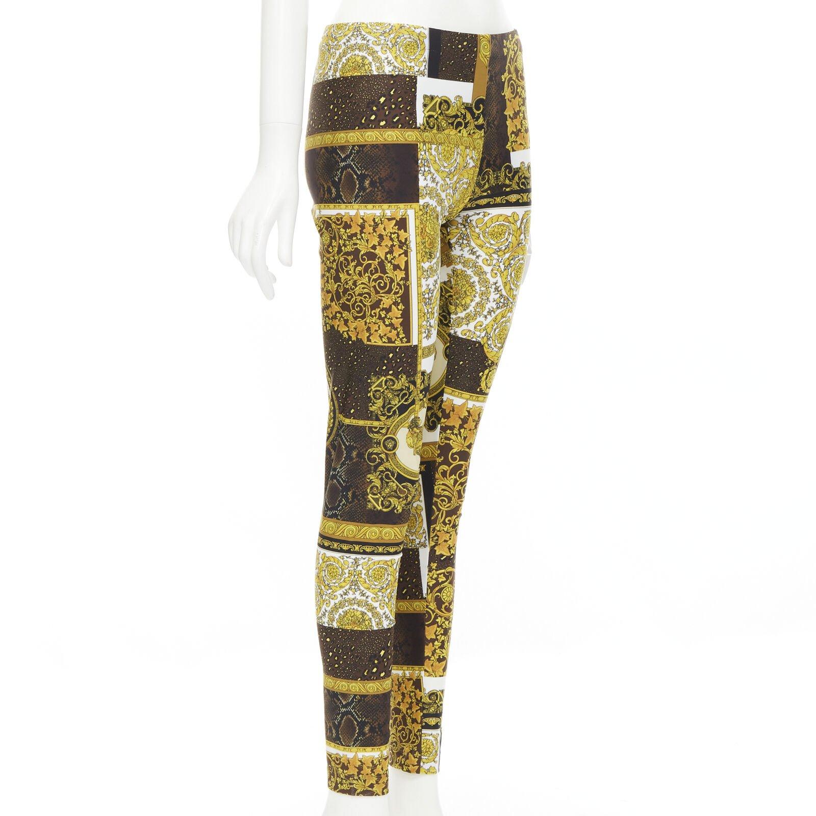 Brown VERSACE Mosaic Barocco black gold brown print stretchy leggings IT40 S For Sale