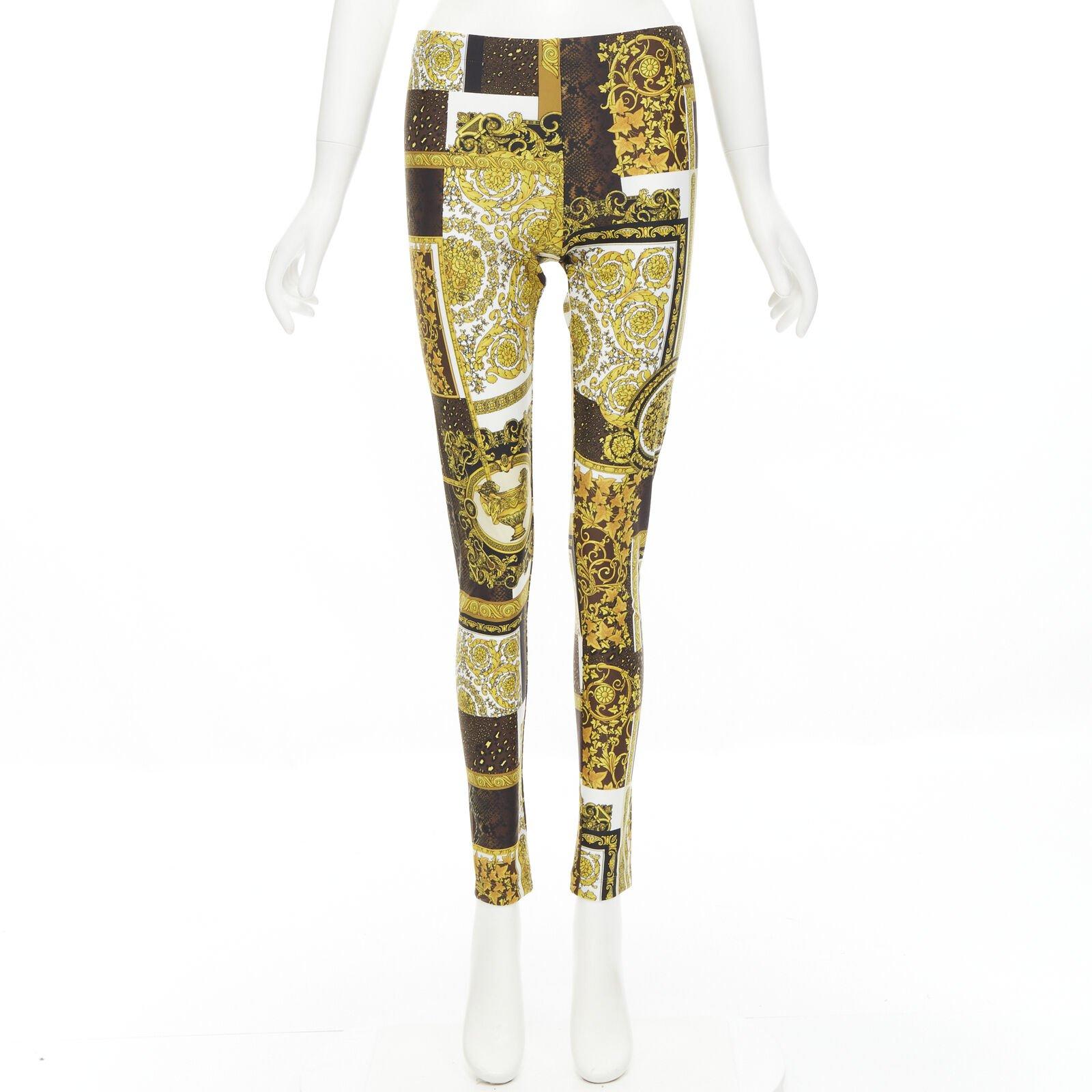 VERSACE Mosaic Barocco black gold brown print stretchy leggings IT40 S For Sale 3