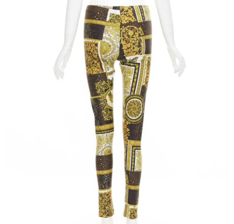 Women's VERSACE Mosaic Barocco black gold brown scaled stretchy leggings IT42 M For Sale
