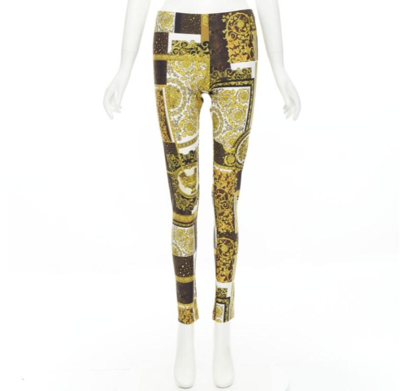 VERSACE Mosaic Barocco black gold brown scaled stretchy leggings IT42 M For Sale 3