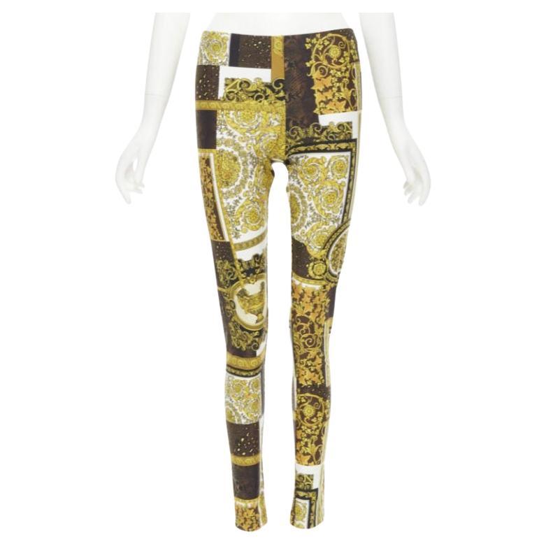 VERSACE Mosaic Barocco black gold brown scaled stretchy leggings IT42 M For Sale