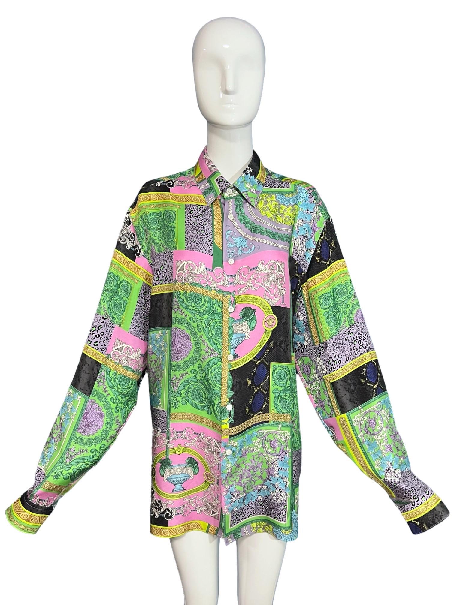 Versace Mosaic Barocco Silk Shirt from the Resort 2021 Flash collection.

Featuring patchwork prints of the brands heritage motifs in radiant pastel multi colors with an animalier pattern throughout.

This shirt was from the limited edition Versace