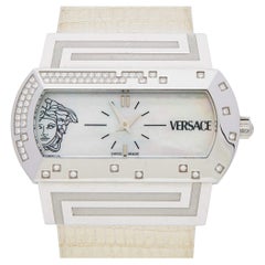 Montre-bracelet pour femme Versace PSQ99 en nacre et diamants en acier inoxydable et lézard 