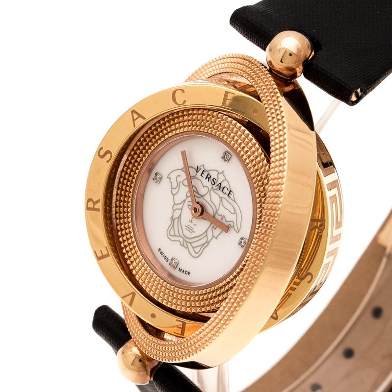 Flaunt your elegant style with this luxe wristwatch from Versace. This Eon wristwatch, created from gold-plated stainless steel, is characterised by its unique rotating case design. Following a quartz movement, the watch features a beautiful, white
